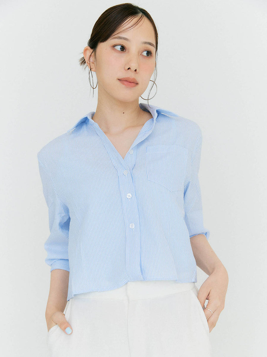 SHEER SEERSUCKER CROPPED SHIRT – BLUE×PALANG(ブルーパラン)