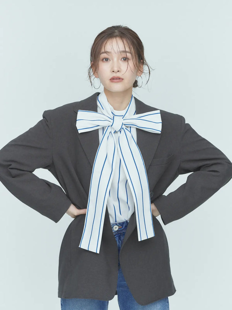 残り2点】STRIPED RIBBON BLOUSE – BLUE×PALANG(ブルーパラン)