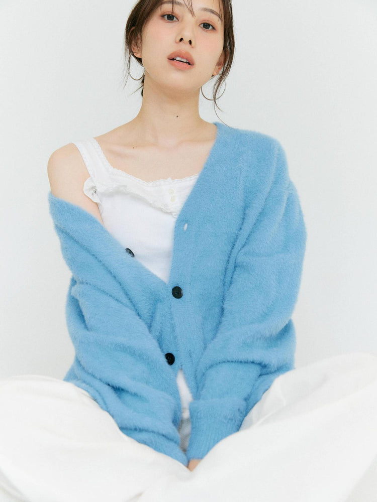 バランスシナジー ラウンド 織柄ブルー　美品 ベストセラー】SHORT SHAGGY BIG CARDIGAN – BLUE×PALANG(ブルーパラン)