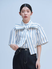 HALF STRIPE RIBBON BLOUSE