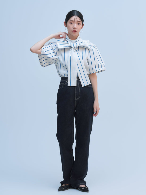 HALF STRIPE RIBBON BLOUSE