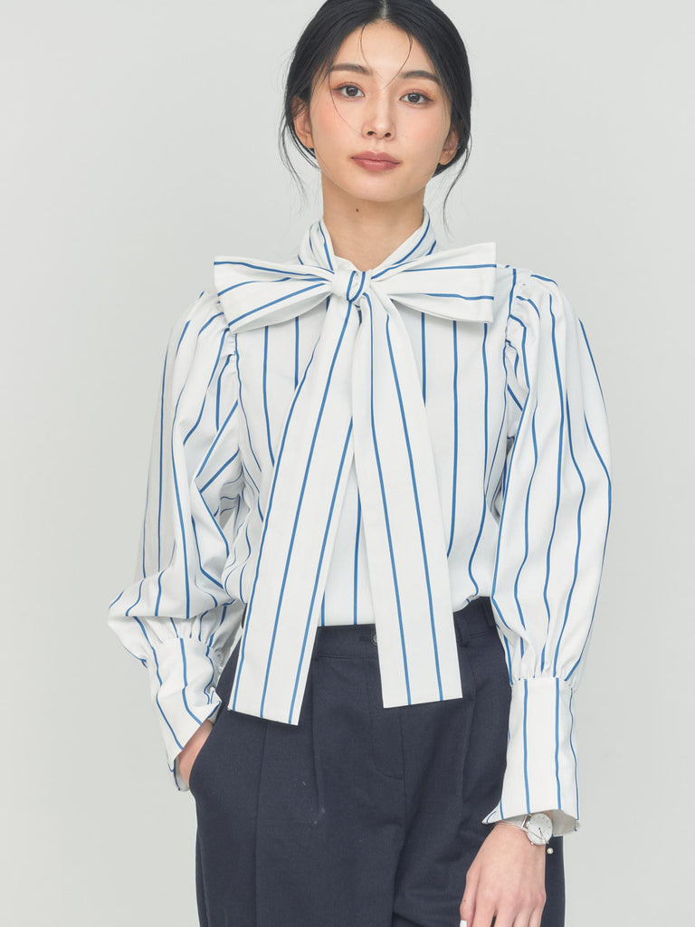 STRIPED RIBBON BLOUSE – BLUE×PALANG(ブルーパラン)