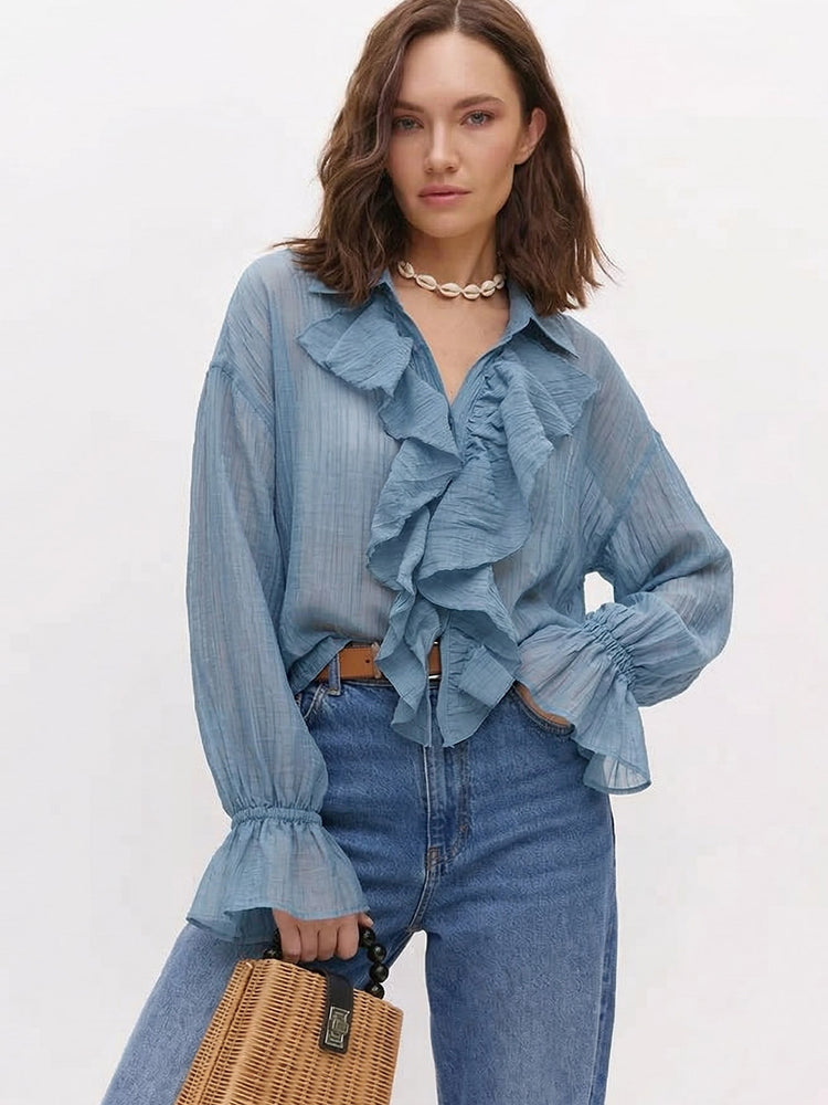 完売品 新品 Clastellar round frill blouse ブルー 【公式通販】